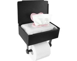 Zwarte Toiletrolhouder Met Organizer Bakje en Plankje - Wc-rol Houder - Zelfklevend of met Schroeven - Toilet Organizer