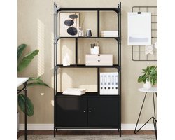 Zwarte Vintage Boekenkast met Deuren en Zigzag Planken 76,5 x 30 x 154,5 cm – Stijlvolle Wandkast voor Boeken, Documenten en Decoratie – Gesneden Hout Opbergmeubel