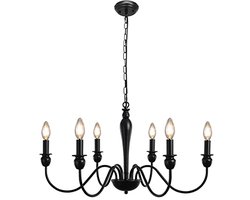 Zwarte Vintage Kroonluchter met 6 Lampen - Rustieke Plafondlamp voor Woonkamer, Keuken en Eetkamer