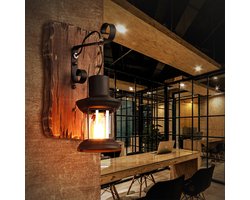 Zwarte vintage wandlamp voor binnen (hout + glas + staal) in industriële stijl geschikt voor gangpaden bij de spiegel in de hal naast de slaapkamer-in de bar woonkamer of café