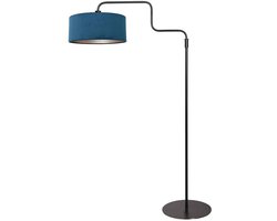 Zwarte Vloerlamp Bloeba 4169ZW van Steinhauer met verstelbare hoogte (150-165 cm) en uitrekbare zwenkarm tot 66 cm, metalen basis met blauwe velours kap Ø40cm, trendy design voor binnen.