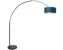 Zwarte Vloerlamp Booglamp Sparkled Light 8242ZW met Blauw Velours Kap, Metaal en Textiel, Hoogte Verstelbaar, Draaibaar en Uitschuifbaar, Steinhauer