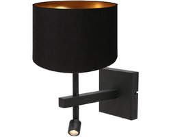 Zwarte wandlamp Stang 7193ZW van Steinhauer met zwart metalen armatuur, tekstiele kap, leeslamp, draaibaar en kantelbaar, geschikt voor binnen gebruik