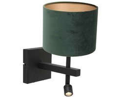 Zwarte wandlamp Stang 8205ZW van Steinhauer met leeslamp, draaibaar en kantelbaar, gemaakt van metaal en textiel, met groene velours kap, geschikt voor binnengebruik