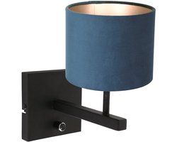 Zwarte wandlamp Stang 8251ZW met schakelaar en blauwe velours stof kap, modern design, metaal en textiel, geschikt voor binnengebruik - Steinhauer