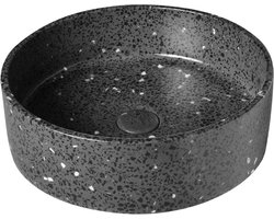 Zwarte wasbak voor wastafel onderkast, terrazzo waskom zwart, wasbak donker terrazzo, waskom rond 39x12 cm TRZ-501dt