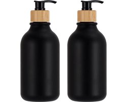 Zwarte zeepdispenser, set van twee handzeepflesjes Geschikt voor bamboe pomp, Geschikt voor de badkamer; set van plastic handzeep-/afwasmiddelflesjes, Geschikt voor de keuken.