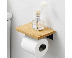 Zwarte zelfklevende toiletrolhouder met bamboe plankje Toiletrolhouder Wandmontage Zonder boren SUS304 roestvrij staal- BPH220BADM-BK