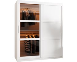 Zweefdeurkast Kledingkast met 2 schuifdeuren glanzen Garderobekast slaapkamerkast Kledingstang met planken | elegante kledingkast - DEMO 3 (150 cm, Wit) met lades