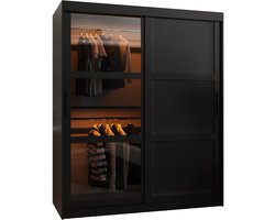 Zweefdeurkast Kledingkast met 2 schuifdeuren glanzen Garderobekast slaapkamerkast Kledingstang met planken | elegante kledingkast - DEMO 3 (150 cm, Zwart) met lades