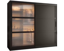 Zweefdeurkast Kledingkast met 2 schuifdeuren glanzen slaapkamerkast Kledingstang met planken Garderobekast met geribbeld glas - ARTON 3 (200 cm, Zwart)
