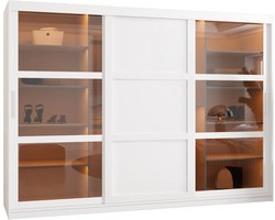 Zweefdeurkast Kledingkast met 3 schuifdeuren glanzen Garderobekast slaapkamerkast Kledingstang met planken | elegante kledingkast - DEMO 3 (250 cm, Wit)