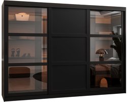 Zweefdeurkast Kledingkast met 3 schuifdeuren glanzen Garderobekast slaapkamerkast Kledingstang met planken | elegante kledingkast - DEMO 3 (250 cm, Zwart) met lades