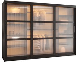 Zweefdeurkast Kledingkast met 3 schuifdeuren glanzen slaapkamerkast Kledingstang met planken Garderobekast met geribbeld glas - ARTON (250 cm, Zwart)