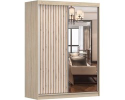 Zweefdeurkast Kledingkast met Spiegel, Schuifwandkast met decoratieve lamellen 150x200x61 cm - LABI B1 (Sonoma + Wit, 150)