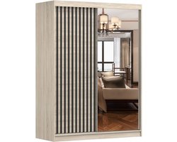 Zweefdeurkast Kledingkast met Spiegel, Schuifwandkast met decoratieve lamellen, kast met planken en kledingstang Gaderobe 150x200x61 cm - LABI S1 (Sonoma, 150)