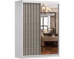 Zweefdeurkast Kledingkast met Spiegel, Schuifwandkast met decoratieve lamellen, kast met planken en kledingstang Gaderobe 150x200x61 cm - LABI S1 (Wit + Sonoma, 150)