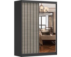 Zweefdeurkast Kledingkast met Spiegel, Schuifwandkast met decoratieve lamellen, kast met planken en kledingstang Gaderobe 150x200x61 cm - LABI S1 (Zwart + Sonoma, 150)
