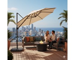 Zweefparasol 300 cm – Industrial Home Luxe Cantilever Tuinparasol met 28 Solar LED Lampjes – UPF 50+ UV-bescherming – 360° Draaibaar & Traploos Kantelbaar – Zwengelbediening – Inclusief Kruisvoet – Crèmewit