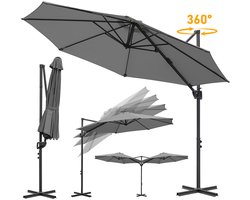 Zweefparasol - 300CM Grijs - Incl. Kruisvoet - Waterdicht - Verstelbare Hoogte - UV 50+ Bescherming - 360° Rotatie - 0-60° Kantelbaar