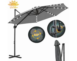Zweefparasol - 300CM Grijs met LED Solar - Incl. Kruisvoet - Verstelbare Hoogte - Waterdicht - 360° Draai- en Kantelbaar
