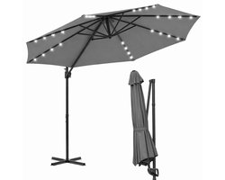 Zweefparasol 300CM Grijs met Solar LED - Verstelbare Hoogte - Waterdicht - 360° Draai- en Kantelbaar - UV 50+ Bescherming