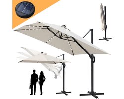 Zweefparasol 330x330cm – Vierkante parasol – 360 ° Draaibaar - Kantelbaar – UV werend doek – Houtlook - incl. LED - Beige
