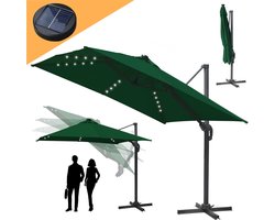 Zweefparasol 330x330cm – Vierkante parasol – 360 ° Draaibaar - Kantelbaar – UV werend doek – Houtlook - incl. LED - Groen