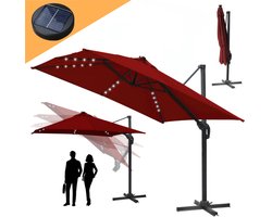 Zweefparasol 330x330cm – Vierkante parasol – 360 ° Draaibaar - Kantelbaar – UV werend doek – Houtlook - incl. LED - Rood