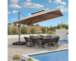 Zweefparasol 365x365 cm XXL Vierkant – 360° Draaibaar, Kantelbaar, Inclusief Parasolvoet, UV50+ Bescherming, Waterafstotend, Dubbel Dak, Aluminium Frame – Beige – Abkantoor