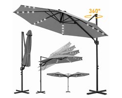 Zweefparasol Grijs 300 cm - Solar LED Verlichting - 360° Rotatie - Verstelbare Hoogte - Waterdicht - UV50+ Bescherming