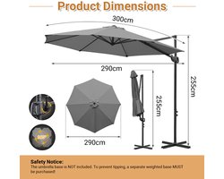 Zweefparasol Grijs - 300 cm - Waterdicht - 360° Draai- en Kantelbaar - Verstelbare Hoogte - 48mm Aluminium Mast