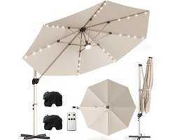 Zweefparasol met Voet 300 cm - Kantelbaar - Tuinparasol met LED-Verlichting op Zonne-Energie - Waterafstotend Polyester met UV-Bescherming - Kaki