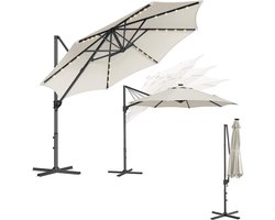 Zweefparasol Ø 300 cm met LED Verlichting & Zonnepaneel – 360° Draaibaar, Traploos Kantelbaar (0–60°), UPF 50+ UV Bescherming, Inclusief Kruisvoet & Zwengel – Crème Wit – Nicolehome