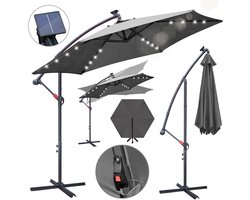 Zweefparasol - Ø300 cm - Solar LED 24 - Incl. Kruisvoet 100x100 cm - UV 50+ (UPF) - Kantelbaar in meerdere standen - Waterdicht Polyester - Ventilatie - Handzwengel Grijs