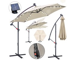 Zweefparasol - Ø300 cm - Solar LED 24 - Incl. Kruisvoet 100x100 cm - UV 50+ (UPF) - Kantelbaar in meerdere standen - Waterdicht Polyester - Ventilatie - Handzwengel Beige