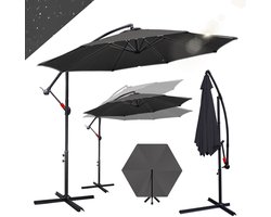 Zweefparasol Ø350 cm - Extra Grote Schaduw - UV50+ (UPF 50+) Polyester - Multi-angle Kantelbaar & Draaibaar - Waterdicht - Ventilatiedak - Stabiel IJzeren Frame met 8 Ribben - Incl. Kruisvoet 100×100 cm Grijs
