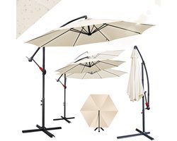 Zweefparasol Ø350 cm - Extra Grote Schaduw - UV50+ (UPF 50+) Polyester - Multi-angle Kantelbaar & Draaibaar - Waterdicht - Ventilatiedak - Stabiel IJzeren Frame met 8 Ribben - Incl. Kruisvoet 100×100 cm Beige
