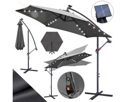 Zweefparasol - Ø350 cm - Solar LED 32 - Incl. Kruisvoet 100x100 cm - UV 50+ (UPF) - Kantelbaar in meerdere standen - Waterdicht Polyester - Ventilatie - Handzwengel - Extra grote schaduw Grijs