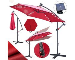 Zweefparasol - Ø350 cm - Solar LED 32 - Incl. Kruisvoet 100x100 cm - UV 50+ (UPF) - Kantelbaar in meerdere standen - Waterdicht Polyester - Ventilatie - Handzwengel - Extra grote schaduw Rood