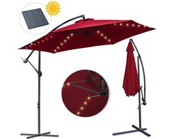Zweefparasol - Strandparasols - Balkonparasols - Solar LED parasol Waterdicht - Parasol - Parasols - Ø 300cm - 3m - Tuinparasol - Zonne-energie - Rood- Draai- en Kantelbaar - 360° draaibaar - Duurzame Zweefparasol - Met voet