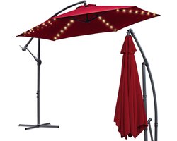 Zweefparasol - Strandparasols - Balkonparasols - Solar LED parasol Waterdicht - Parasol - Parasols - Ø 350cm - 3.5m - Tuinparasol - Zonne-energie - Rood- Draai- en Kantelbaar - 360° draaibaar - Duurzame Zweefparasol - Met voet