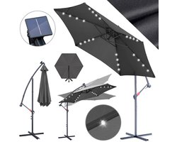 Zweefparasols - 300CM - Solar LED Verlichting 24x Wit - UV 50+ bescherming (98% UV blok) - Multi-angle Kantelbaar & Draaibaar - Stabiel IJzeren Frame 6 Ribben - Incl. Kruisvoet - Waterafstotend Grijs