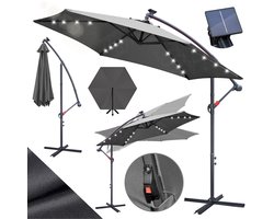 Zweefparasols - 350CM - Solar LED Verlichting 32x Wit - UV 50+ bescherming (blokkeert 98% UV) - Multi-angle Kantelbaar & Draaibaar - Windbestendig frame 8 Ribben - Incl. Kruisvoet - Waterafstotend doek Grijs