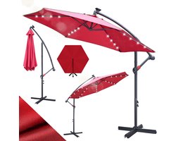 Zweefparasols - 350CM - Solar LED Verlichting 32x Wit - UV 50+ bescherming (blokkeert 98% UV) - Multi-angle Kantelbaar & Draaibaar - Windbestendig frame 8 Ribben - Incl. Kruisvoet - Waterafstotend doek Rood