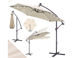 Zweefparasols - 350CM - Solar LED Verlichting 32x Wit - UV 50+ bescherming (blokkeert 98% UV) - Multi-angle Kantelbaar & Draaibaar - Windbestendig frame 8 Ribben - Incl. Kruisvoet - Waterafstotend doek Beige