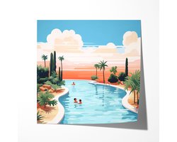 Zwembad Palmbomen Landschap - Poster 100x100 cm vierkant Sfeervolle wanddecoratie voor woonkamer en slaapkamer - Premium papier - Zonder lijst