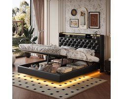 Zwevend bed 140×200cm – PU-leer, LED-lichtstrips op het hoofdeinde en frame – Met USB-poort en opbergruimte onder het bed