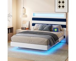Zwevend Bed 140x190 met LED & USB – Velvet Design Bed Blauw/Beige – Lijnen