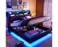 Zwevend bed 160×200cm – PU-leer, LED-lichtstrips op het hoofdeinde en frame – Met USB-poort en opbergruimte onder het bed